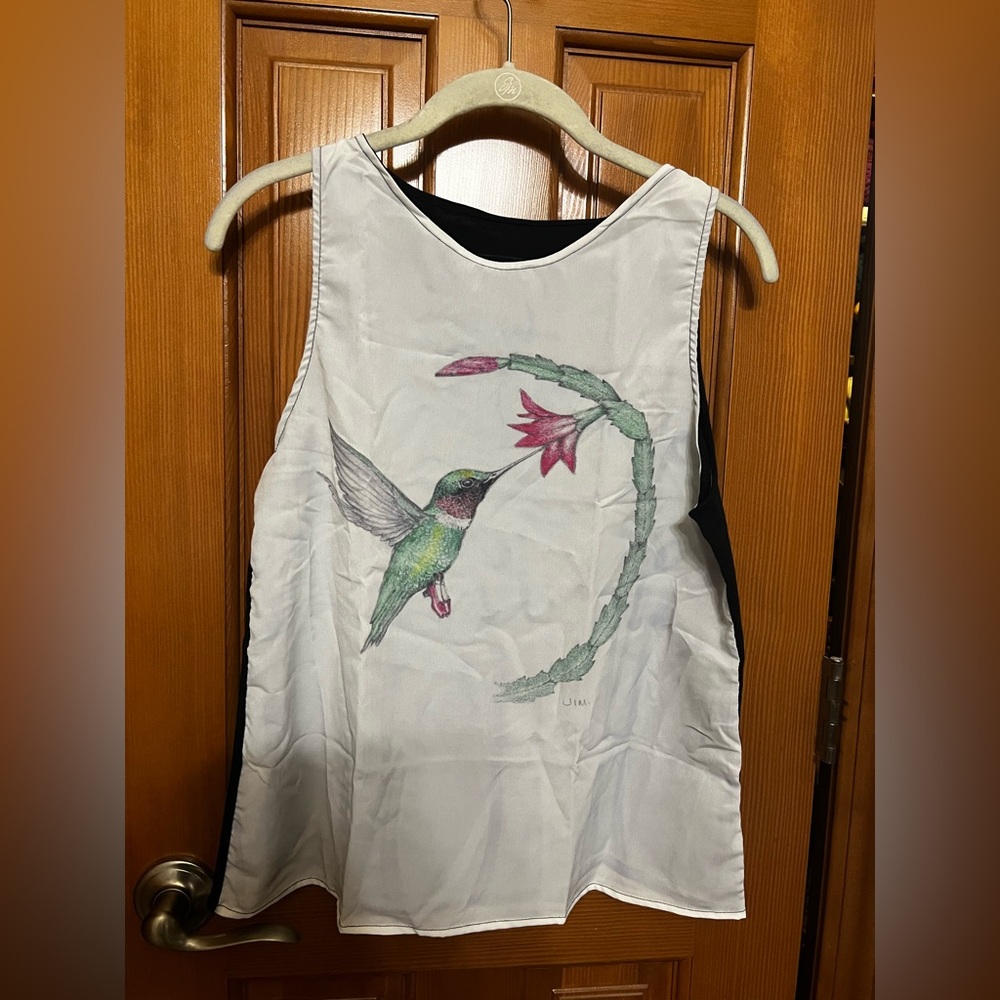 Red Bubble Hummingbird Art Two-Tone Sleeveless Top - White and black.